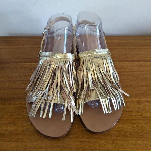 J. Crew Gold Leather Fringe Sandal 9 Festival Resort Boho Preppy Euro Summer - Picture 3 of 11